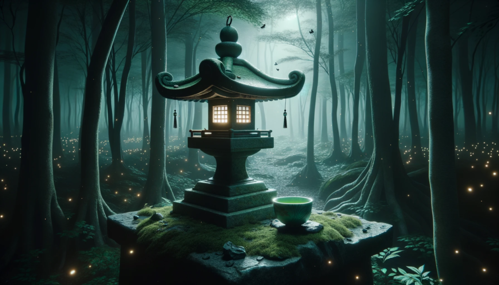 small Japanese shrine in the forest with green Japanese teacup